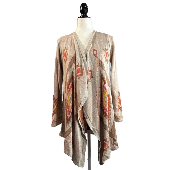 Long Cardigan M Tan Red Orange Aztec Southwestern Open Artsy Earthy Cowgirl - Picture 2 of 13